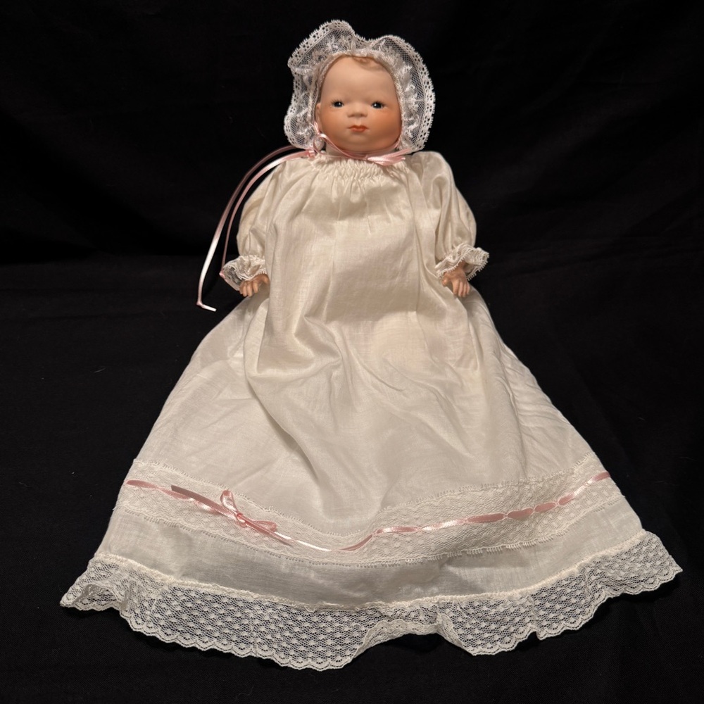 Vintage 1980s Handcrafted Porcelain Baby Doll with Lace Accented Dress and Slip